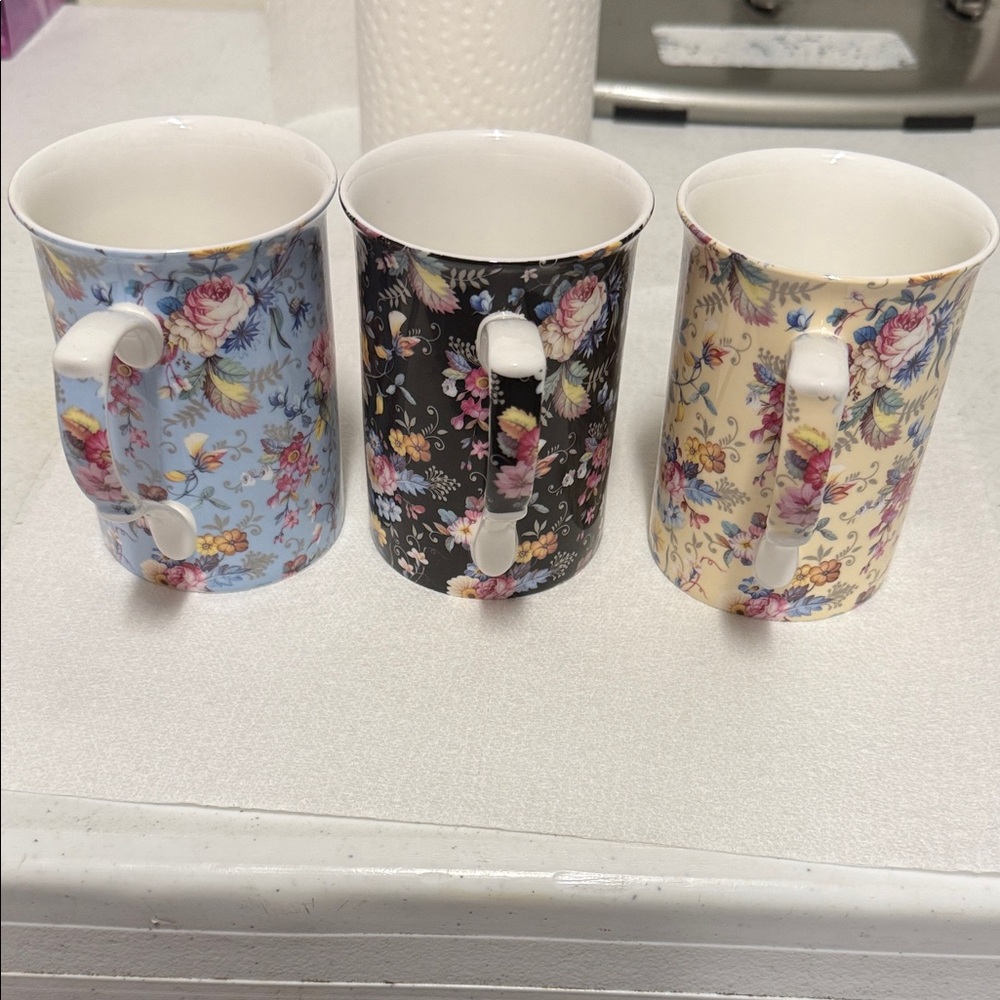 Floral Bone China Mug - White and Blue